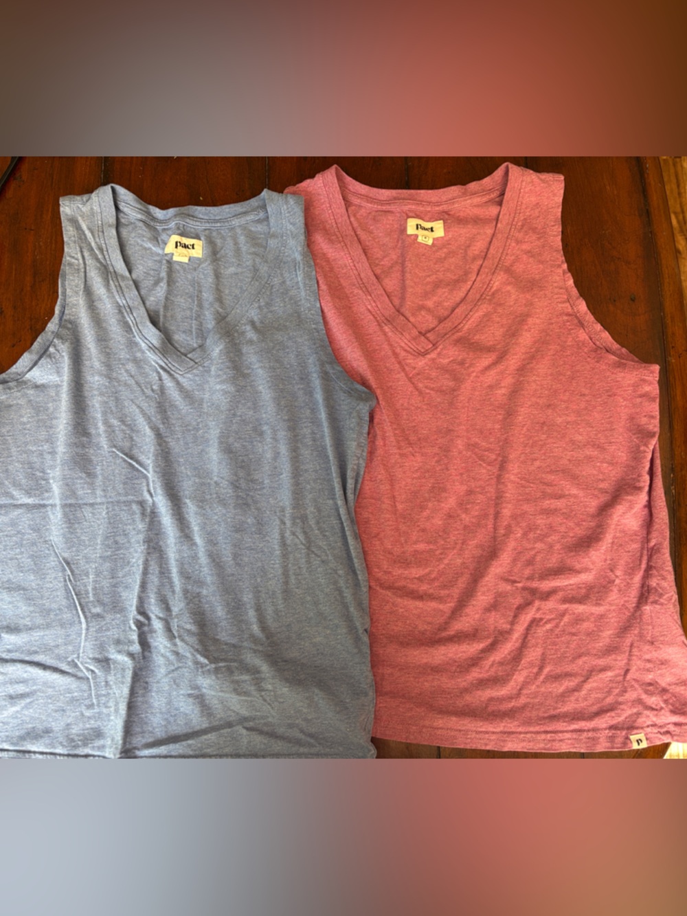 Pact V-Neck Tank Tops in Blue and Red